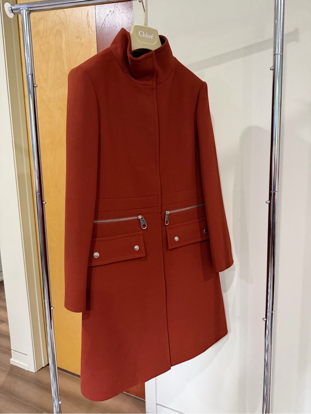 NWT Chloe Intense Brown Wool Stand Collar Zipper Waist Coat Size 38